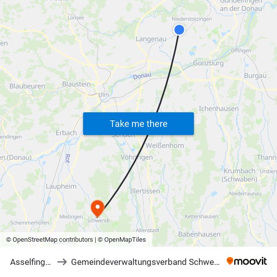 Asselfingen to Gemeindeverwaltungsverband Schwendi map