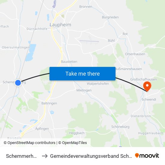Schemmerhofen to Gemeindeverwaltungsverband Schwendi map