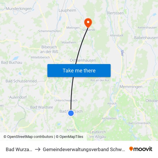 Bad Wurzach to Gemeindeverwaltungsverband Schwendi map