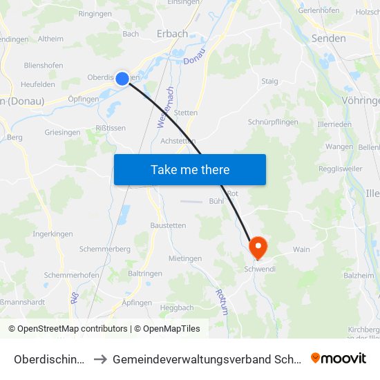 Oberdischingen to Gemeindeverwaltungsverband Schwendi map