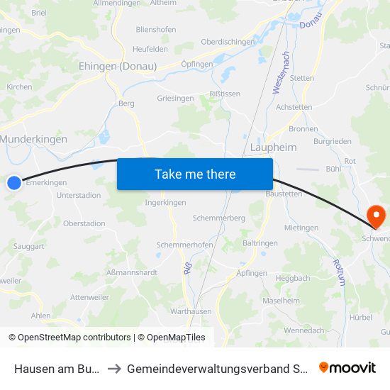 Hausen am Bussen to Gemeindeverwaltungsverband Schwendi map