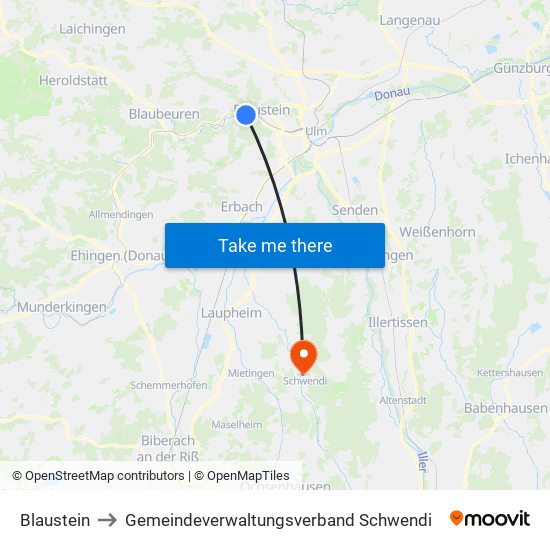 Blaustein to Gemeindeverwaltungsverband Schwendi map