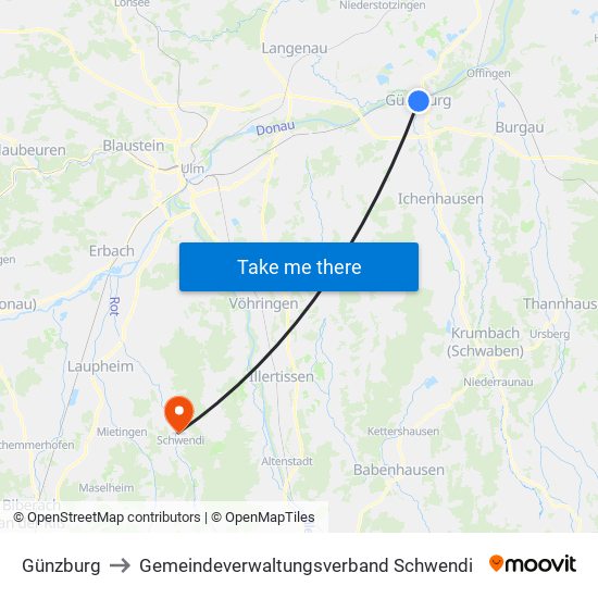 Günzburg to Gemeindeverwaltungsverband Schwendi map