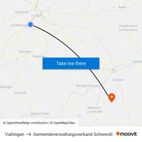Vaihingen to Gemeindeverwaltungsverband Schwendi map