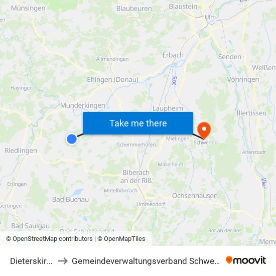 Dieterskirch to Gemeindeverwaltungsverband Schwendi map