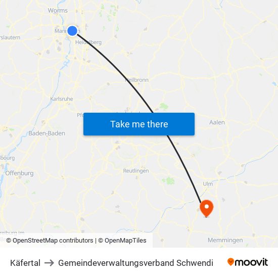 Käfertal to Gemeindeverwaltungsverband Schwendi map