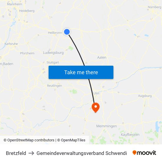 Bretzfeld to Gemeindeverwaltungsverband Schwendi map