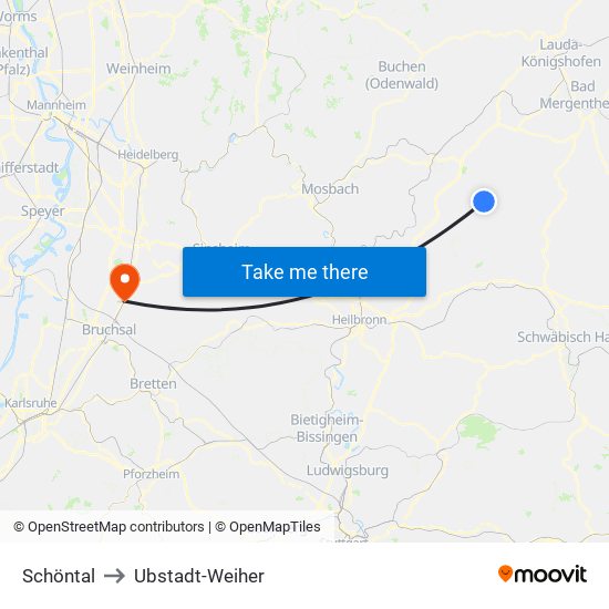 Schöntal to Ubstadt-Weiher map