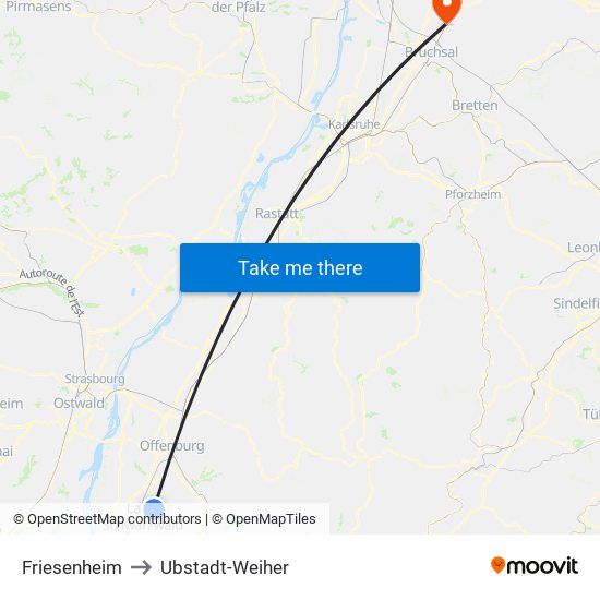 Friesenheim to Ubstadt-Weiher map