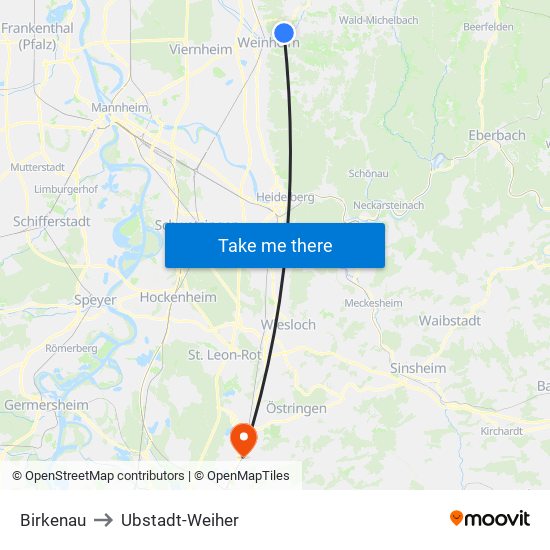 Birkenau to Ubstadt-Weiher map