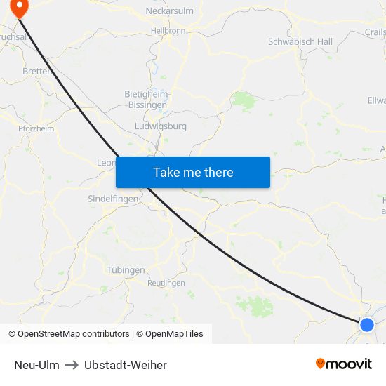 Neu-Ulm to Ubstadt-Weiher map