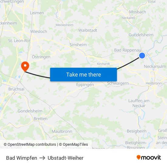 Bad Wimpfen to Ubstadt-Weiher map