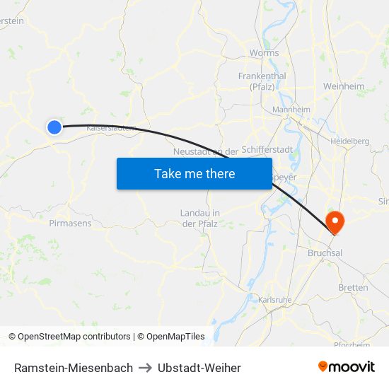 Ramstein-Miesenbach to Ubstadt-Weiher map