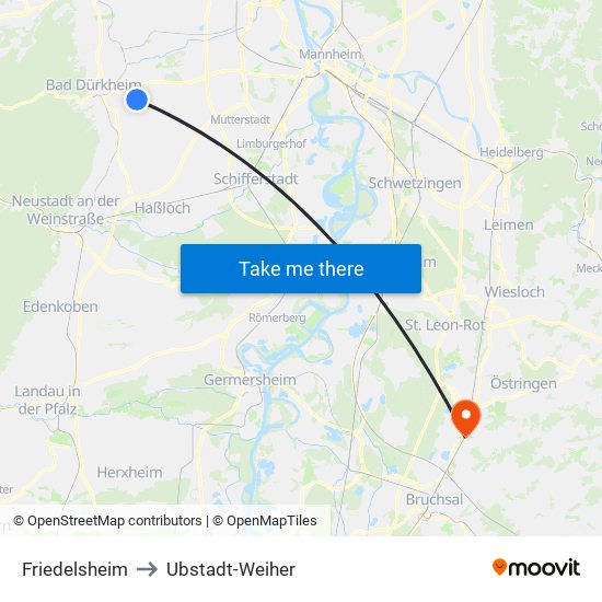 Friedelsheim to Ubstadt-Weiher map