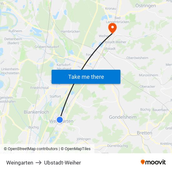 Weingarten to Ubstadt-Weiher map