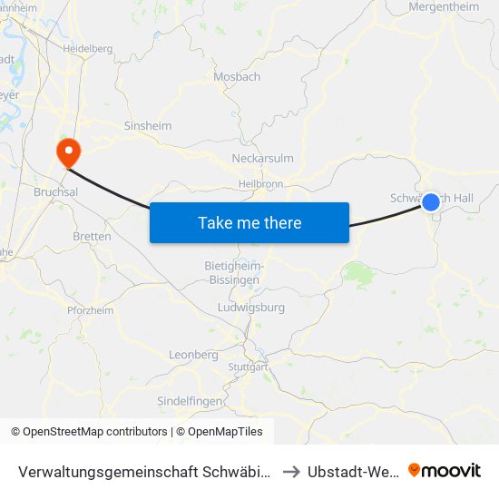 Verwaltungsgemeinschaft Schwäbisch Hall to Ubstadt-Weiher map