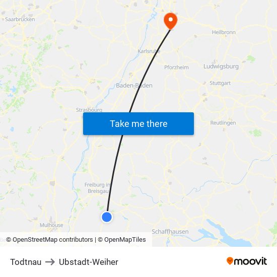 Todtnau to Ubstadt-Weiher map