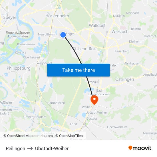 Reilingen to Ubstadt-Weiher map