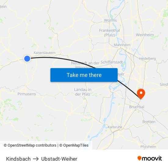 Kindsbach to Ubstadt-Weiher map