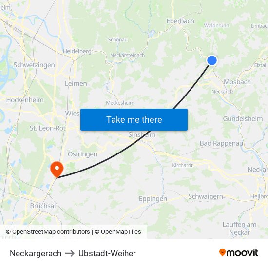 Neckargerach to Ubstadt-Weiher map