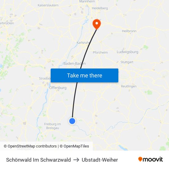 Schönwald Im Schwarzwald to Ubstadt-Weiher map