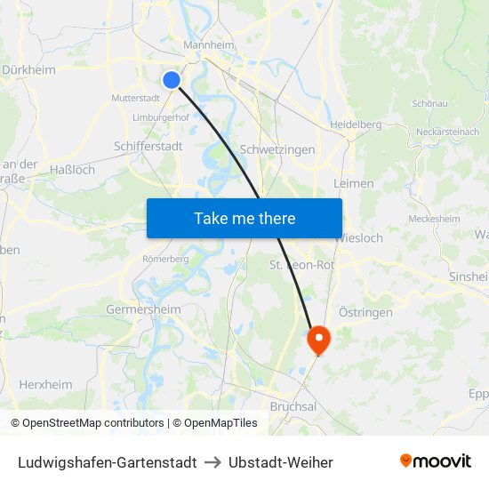 Ludwigshafen-Gartenstadt to Ubstadt-Weiher map