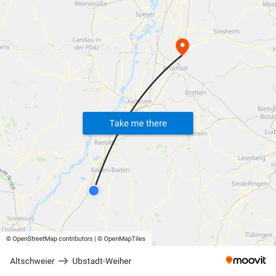 Altschweier to Ubstadt-Weiher map