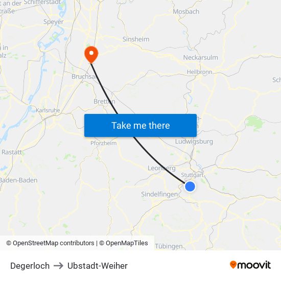 Degerloch to Ubstadt-Weiher map