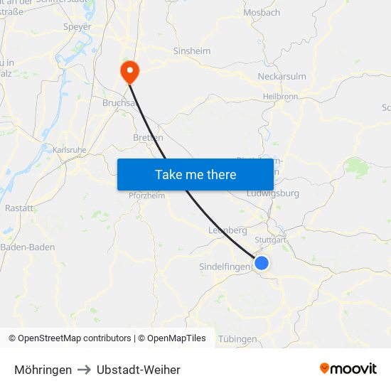 Möhringen to Ubstadt-Weiher map