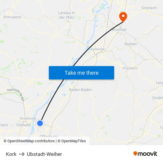 Kork to Ubstadt-Weiher map