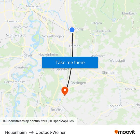 Neuenheim to Ubstadt-Weiher map