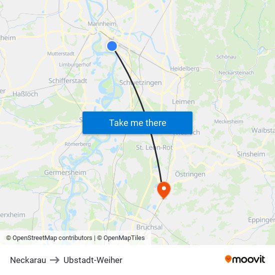 Neckarau to Ubstadt-Weiher map