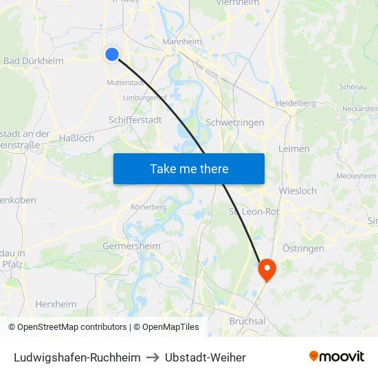 Ludwigshafen-Ruchheim to Ubstadt-Weiher map