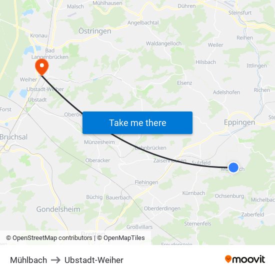 Mühlbach to Ubstadt-Weiher map