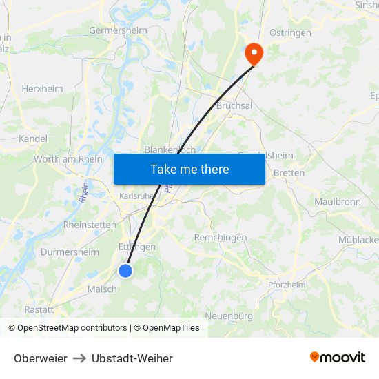 Oberweier to Ubstadt-Weiher map