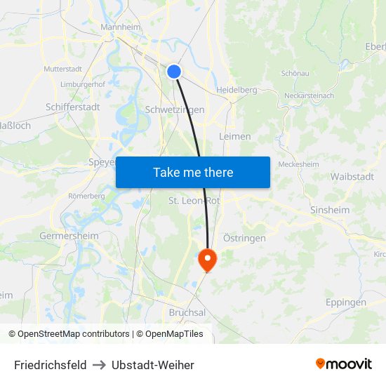 Friedrichsfeld to Ubstadt-Weiher map