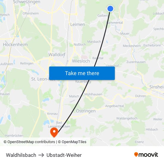 Waldhilsbach to Ubstadt-Weiher map