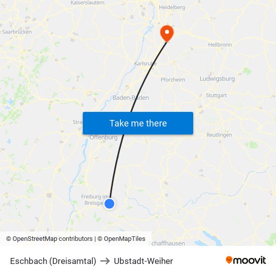 Eschbach (Dreisamtal) to Ubstadt-Weiher map