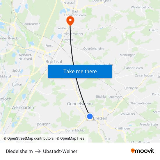 Diedelsheim to Ubstadt-Weiher map