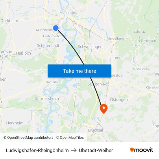 Ludwigshafen-Rheingönheim to Ubstadt-Weiher map