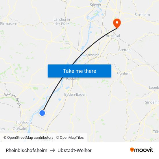 Rheinbischofsheim to Ubstadt-Weiher map