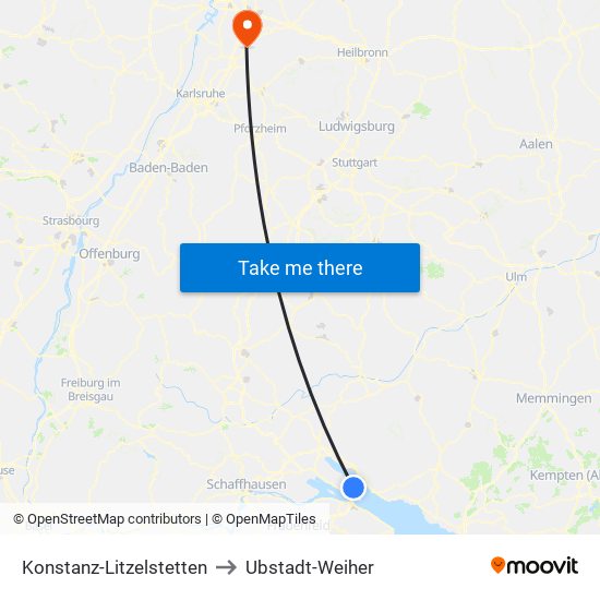 Konstanz-Litzelstetten to Ubstadt-Weiher map