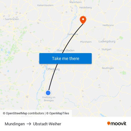 Mundingen to Ubstadt-Weiher map