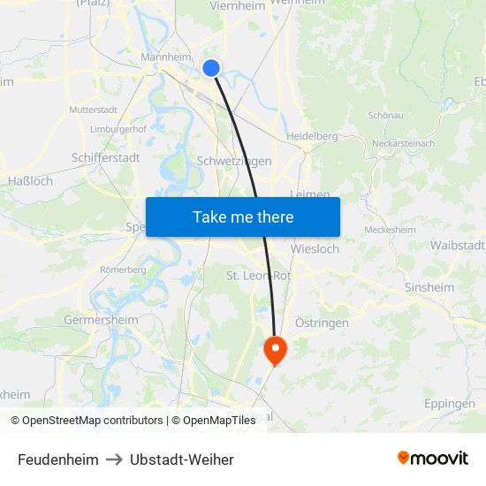 Feudenheim to Ubstadt-Weiher map