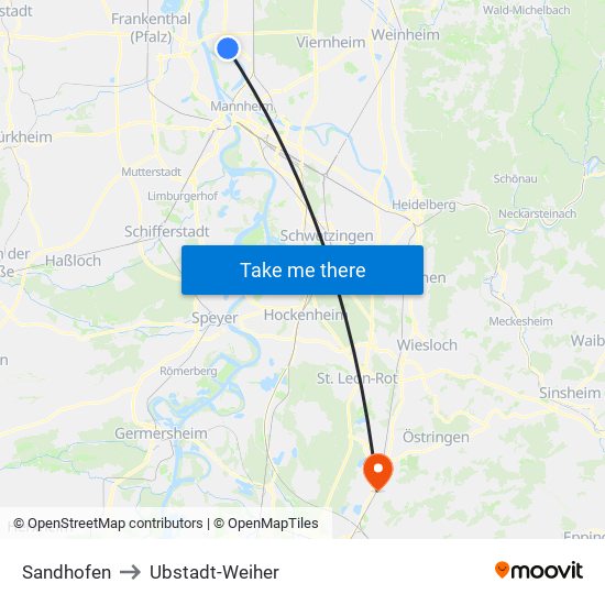 Sandhofen to Ubstadt-Weiher map