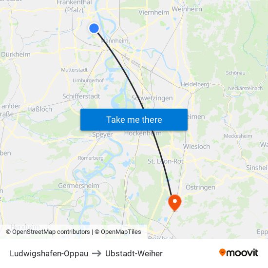 Ludwigshafen-Oppau to Ubstadt-Weiher map