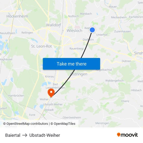 Baiertal to Ubstadt-Weiher map