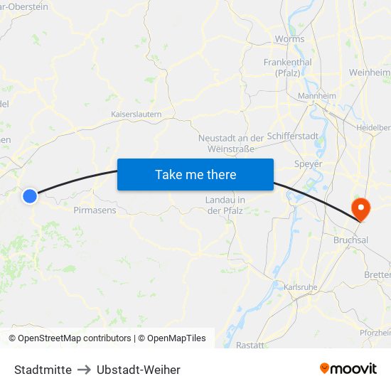 Stadtmitte to Ubstadt-Weiher map