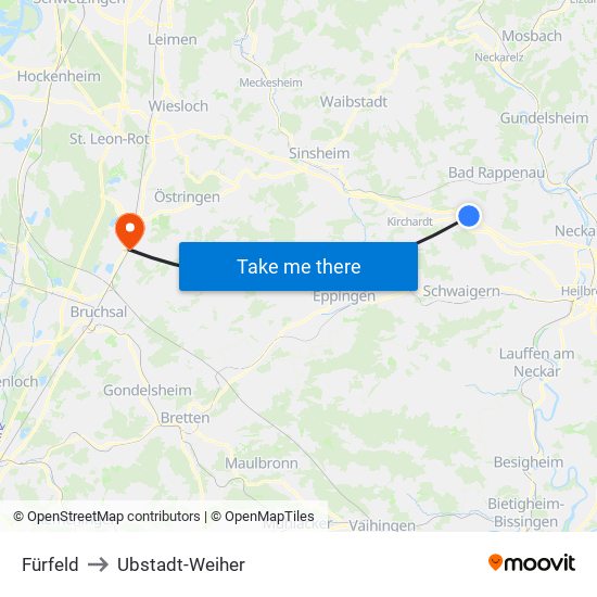 Fürfeld to Ubstadt-Weiher map
