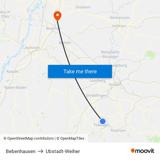 Bebenhausen to Ubstadt-Weiher map